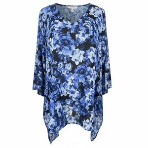 NEW Slim Factor by Investments Blue Floral V Neck Tunic Top Women's Size L